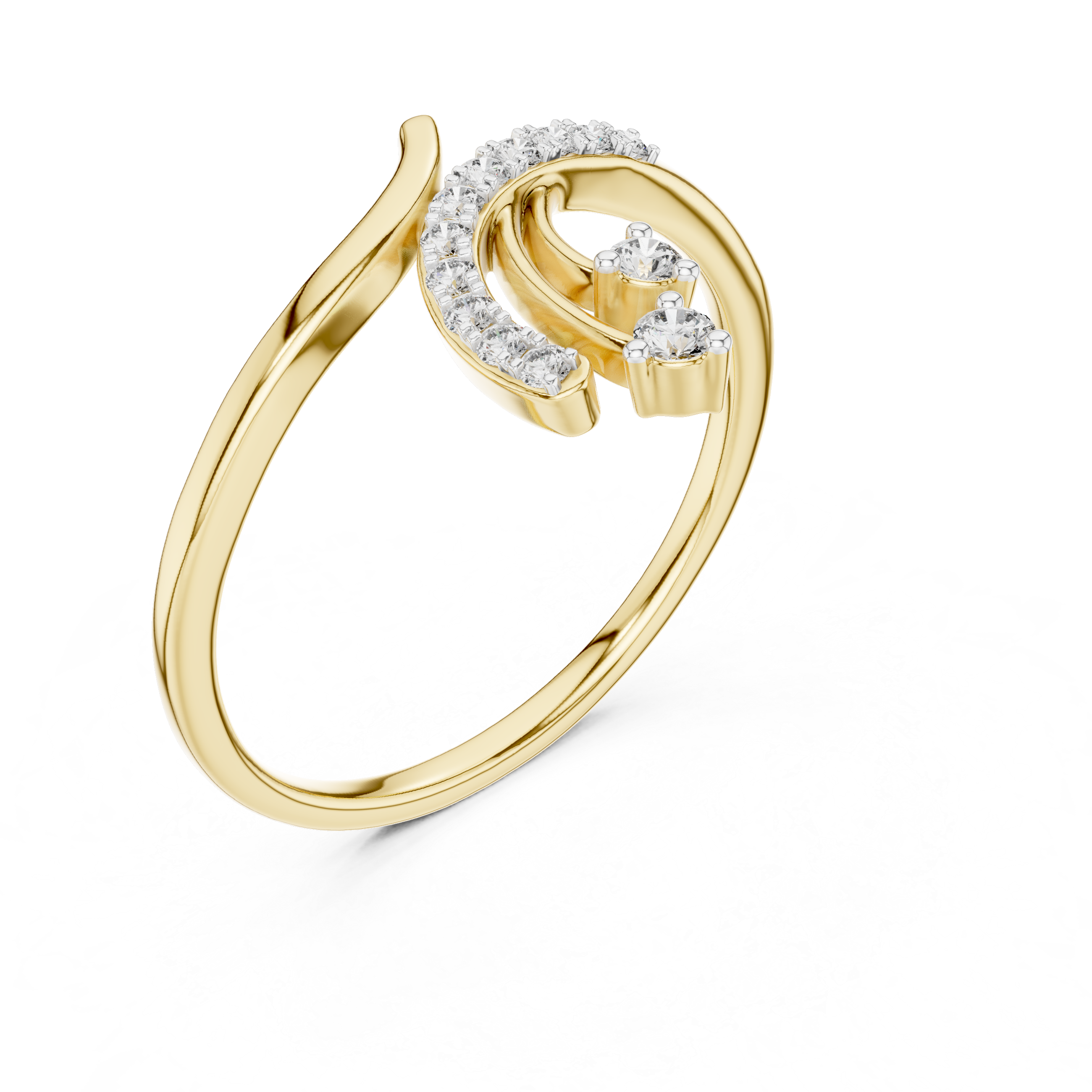 Yellow gold bypass diamond engagement ring with round center diamond, 3/4 view