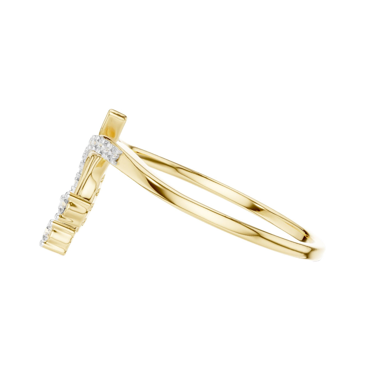Bypass diamond engagement ring, yellow gold band with round diamond accents