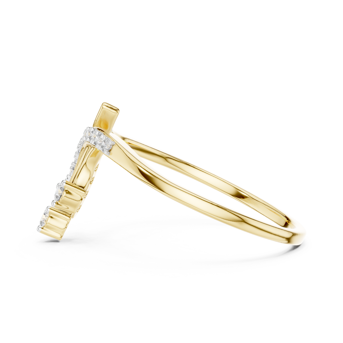 Bypass diamond engagement ring, yellow gold band with round diamond accents