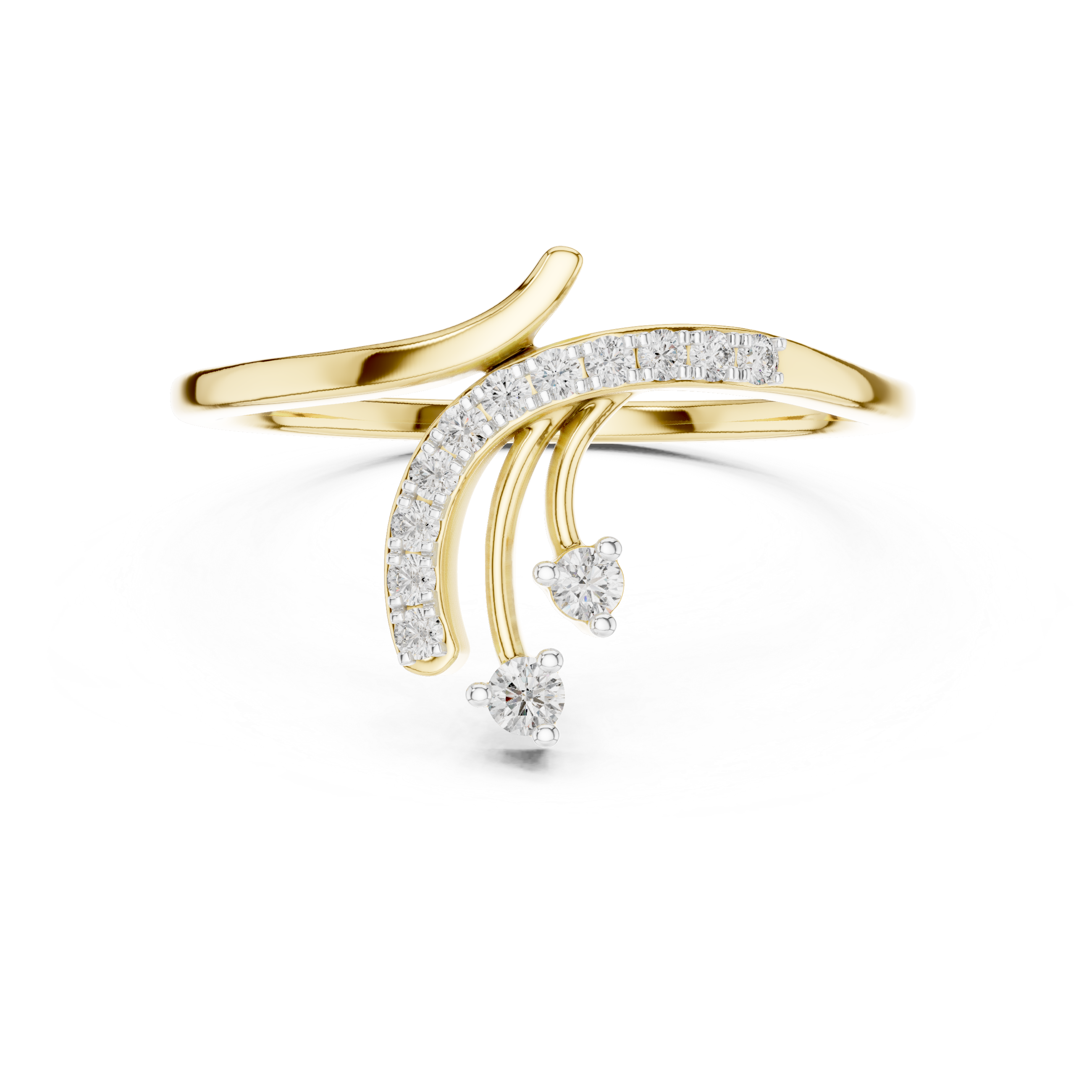 Bypass diamond engagement ring, yellow gold with round center and side stones