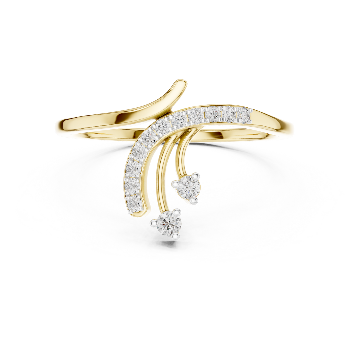 Bypass diamond engagement ring, yellow gold with round center and side stones