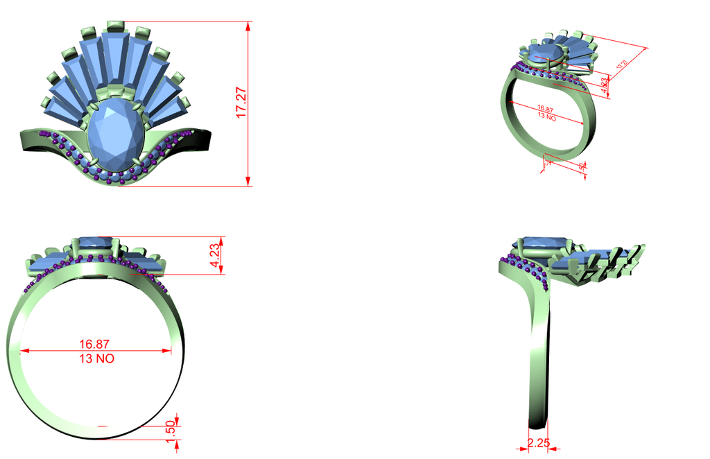 Engagement ring design diagram with gemstone colors and blue size measurements