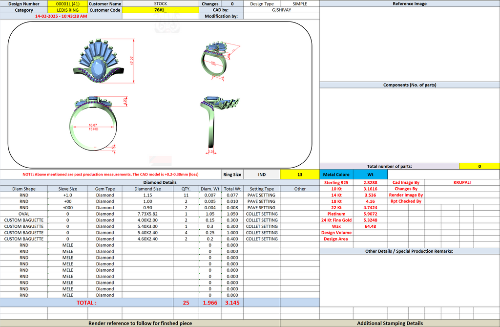 Engagement ring CAD sheet with measurement diagrams and metal-stone component tables