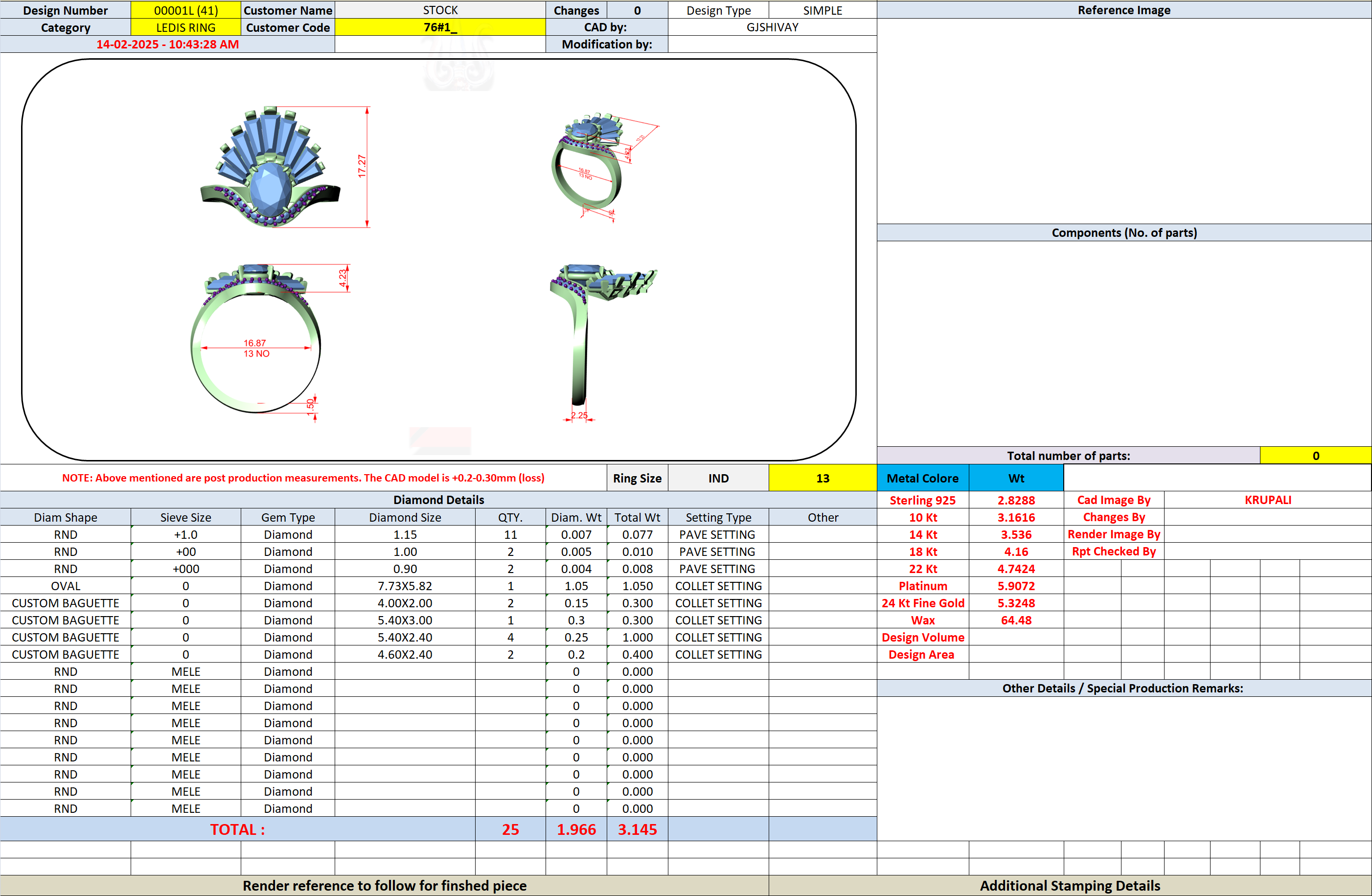 Engagement ring CAD sheet with measurement diagrams and metal-stone component tables