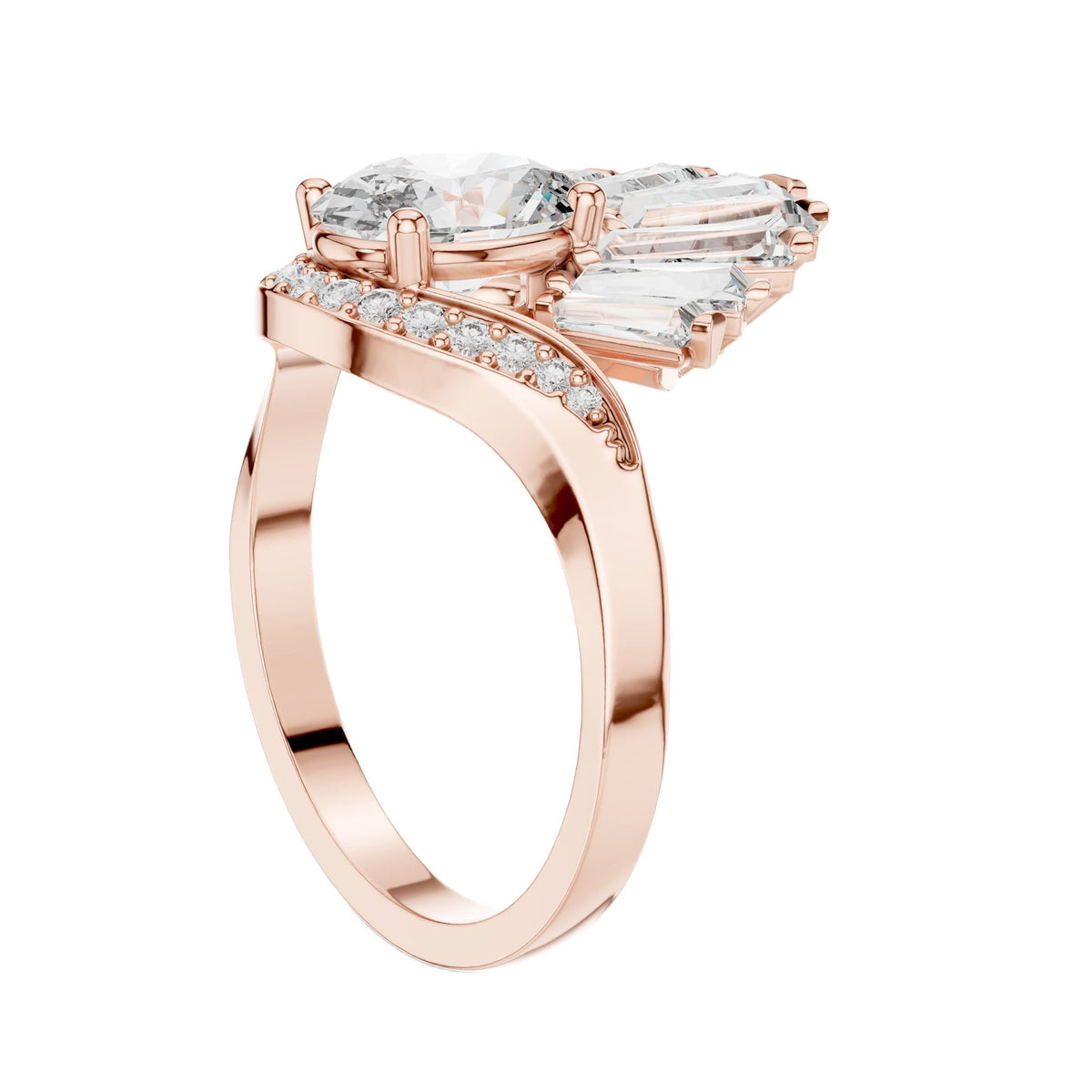 Oval lab-grown diamond engagement ring in rose gold with fan-style side stones