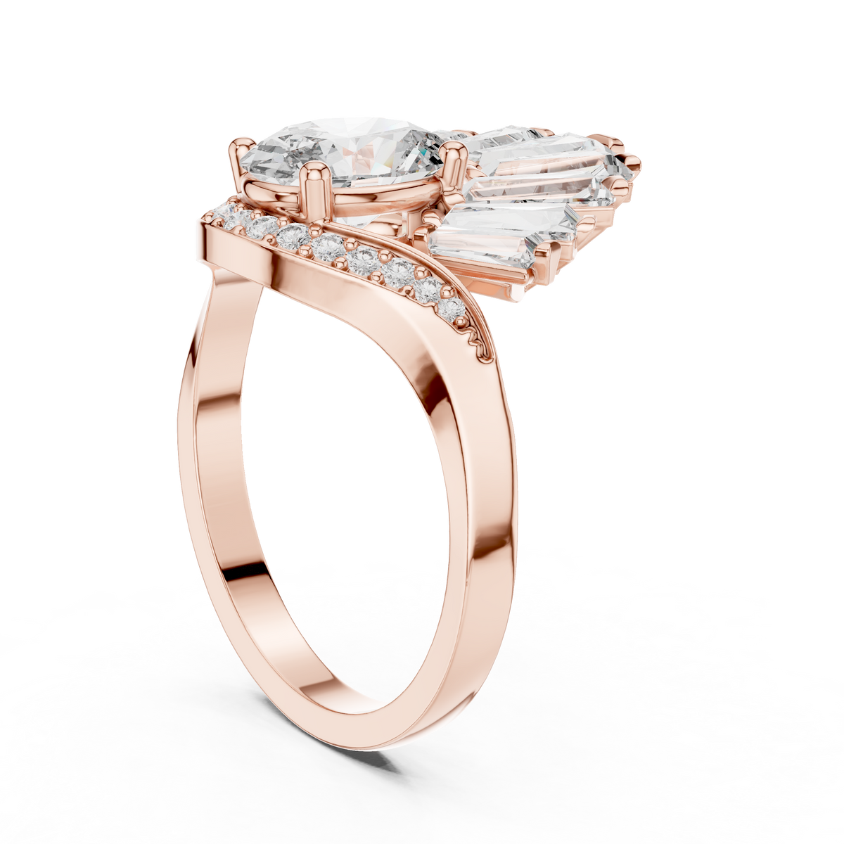 Oval lab-grown diamond engagement ring in rose gold with fan-style side stones