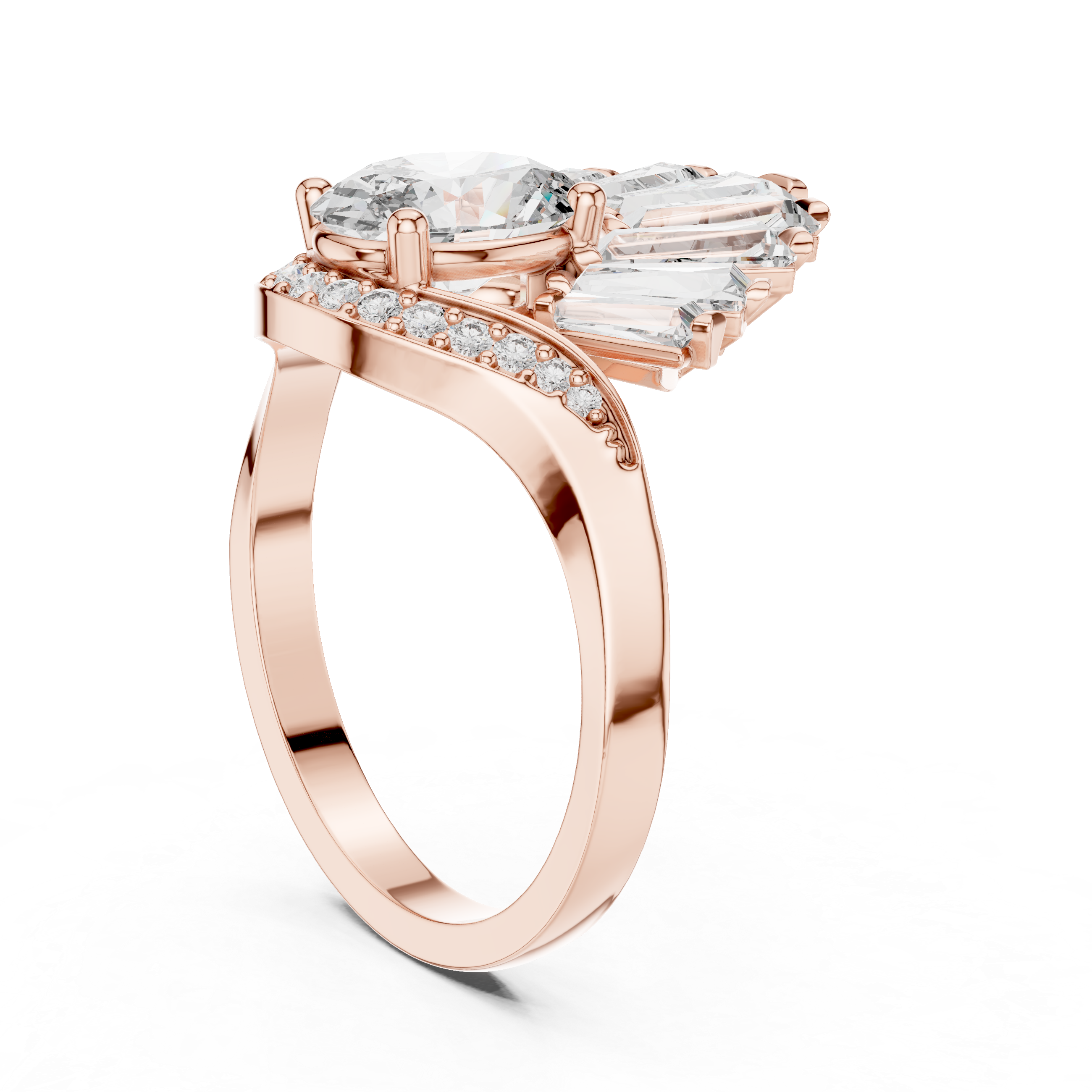 Oval lab-grown diamond engagement ring in rose gold with fan-style side stones