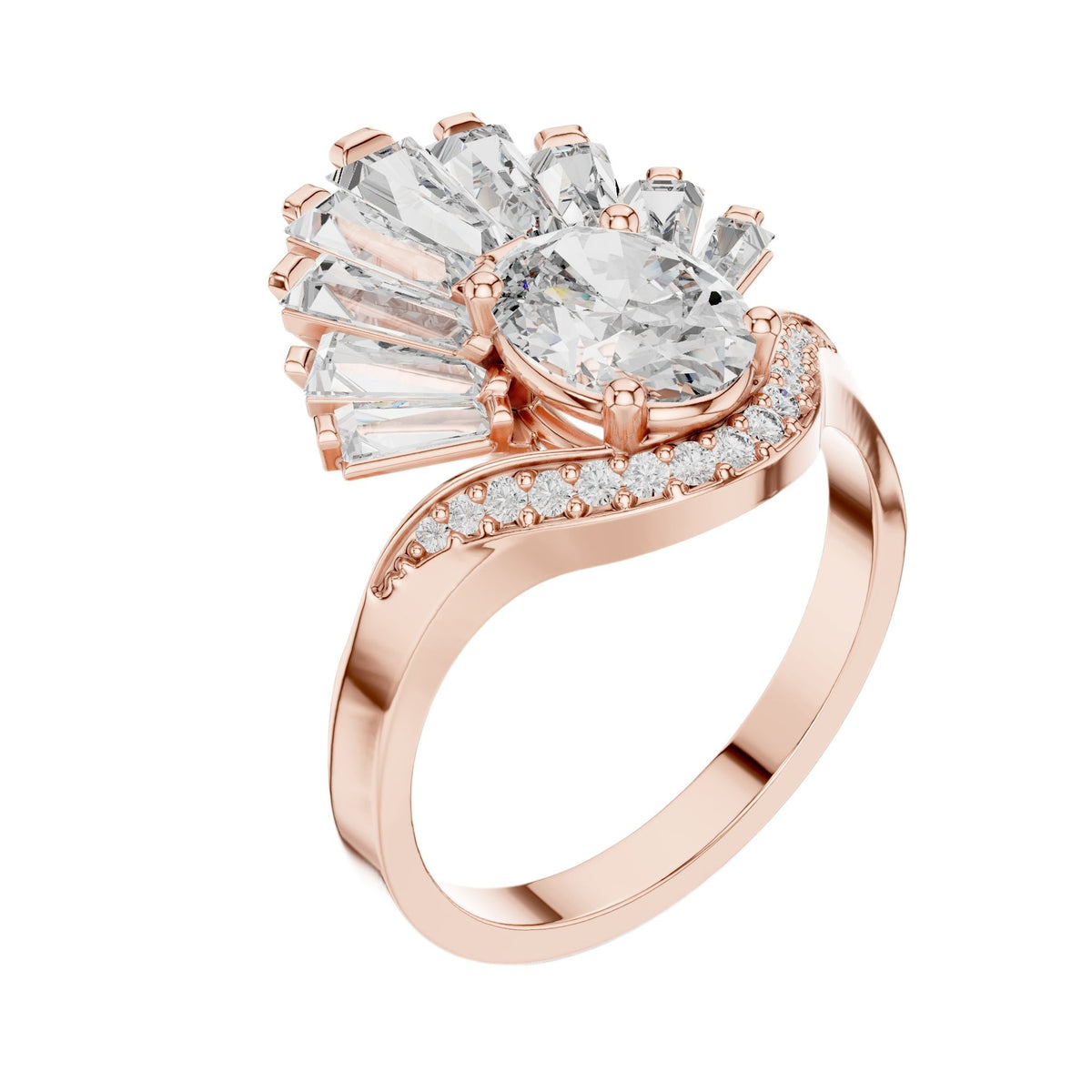 Oval lab-grown diamond engagement ring in rose gold with split-shank pavé details