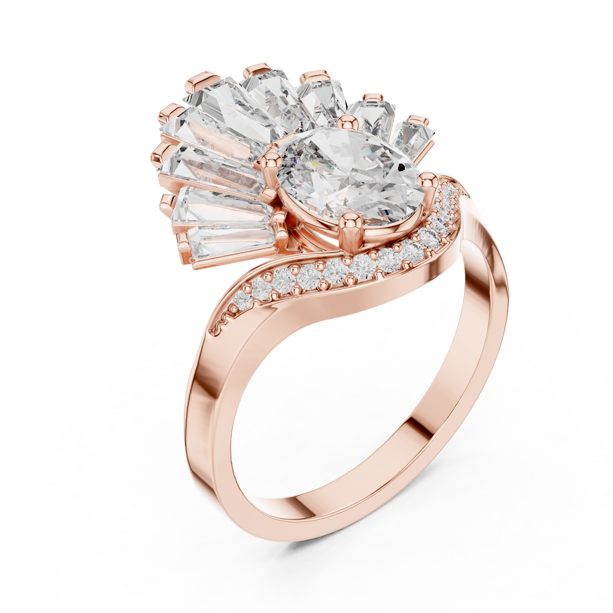 Oval lab-grown diamond engagement ring in rose gold with split-shank pavé details