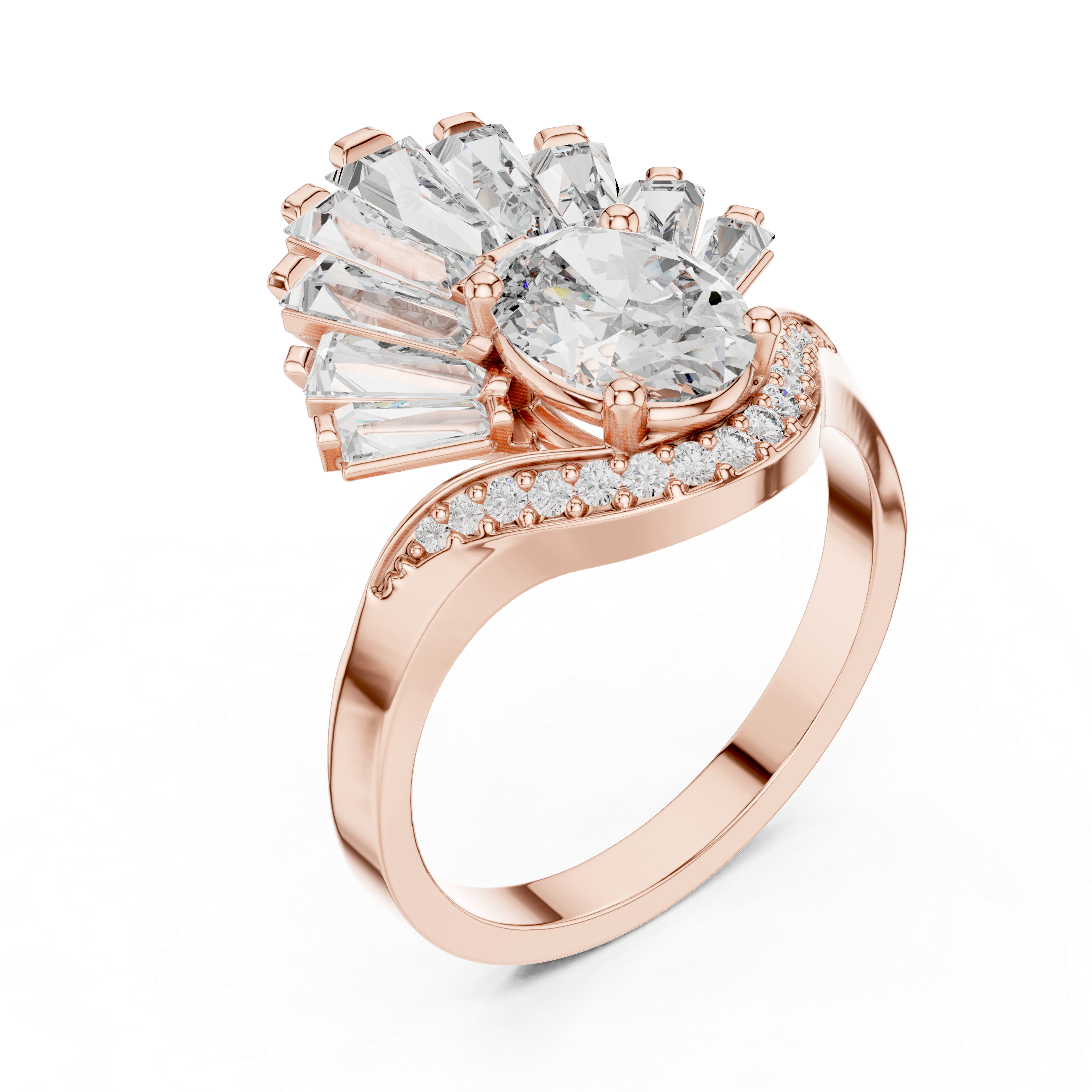 Oval lab-grown diamond engagement ring in rose gold with split-shank pavé details