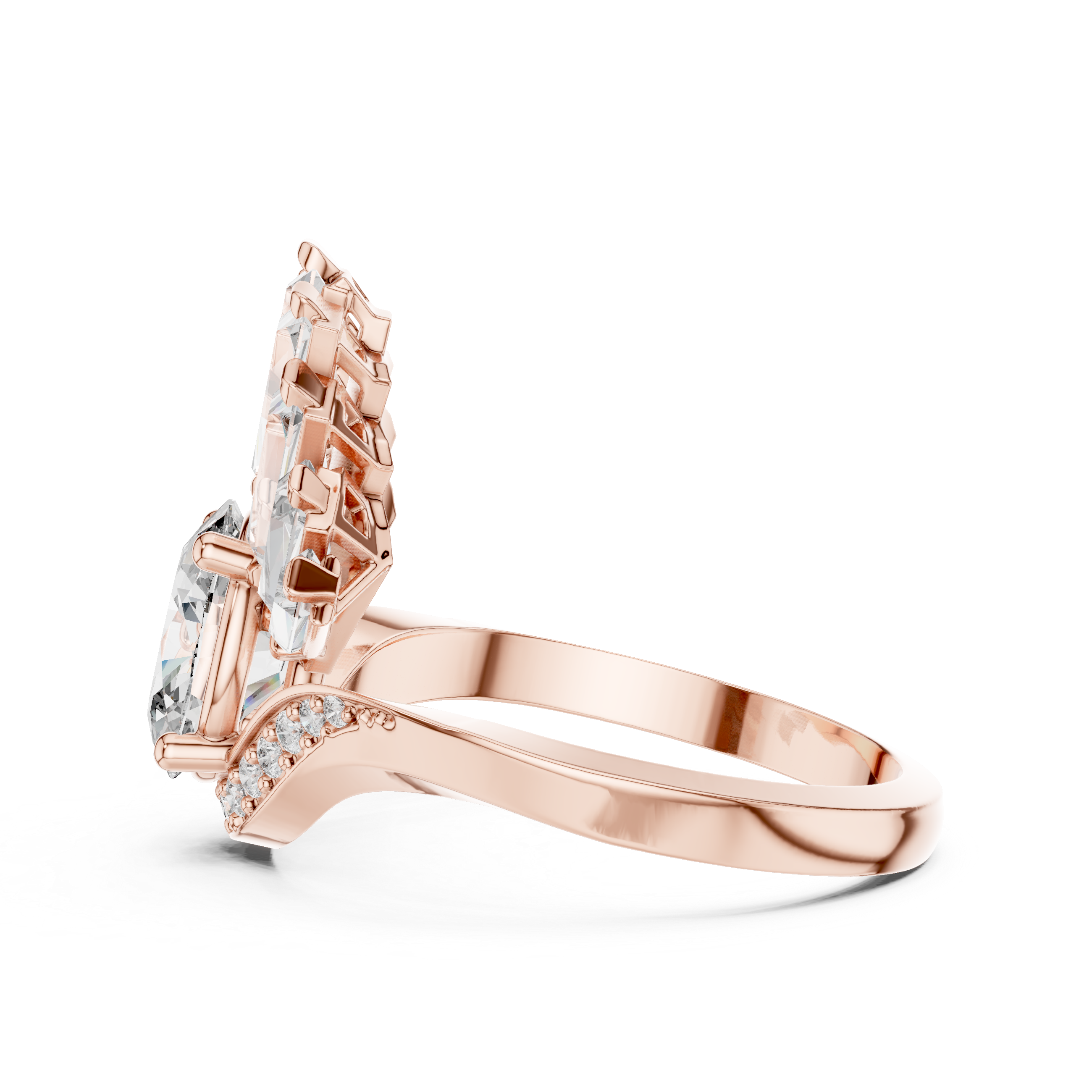 Oval lab-grown diamond engagement ring in rose gold, side view of geometric setting