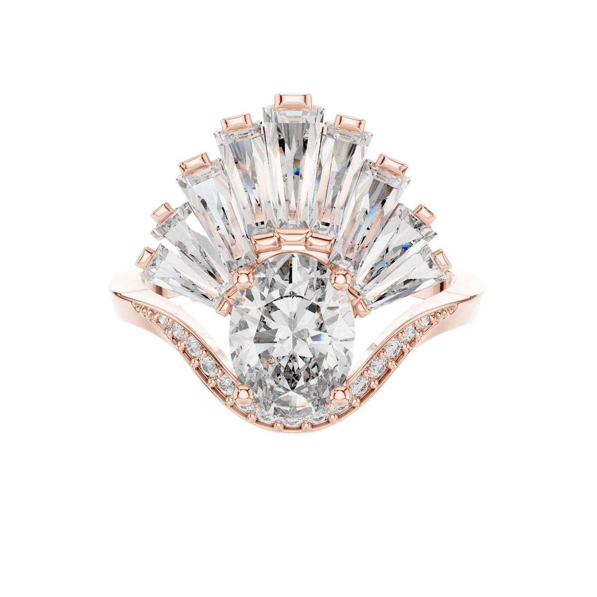Oval lab-grown diamond engagement ring in rose gold with radiant fan setting