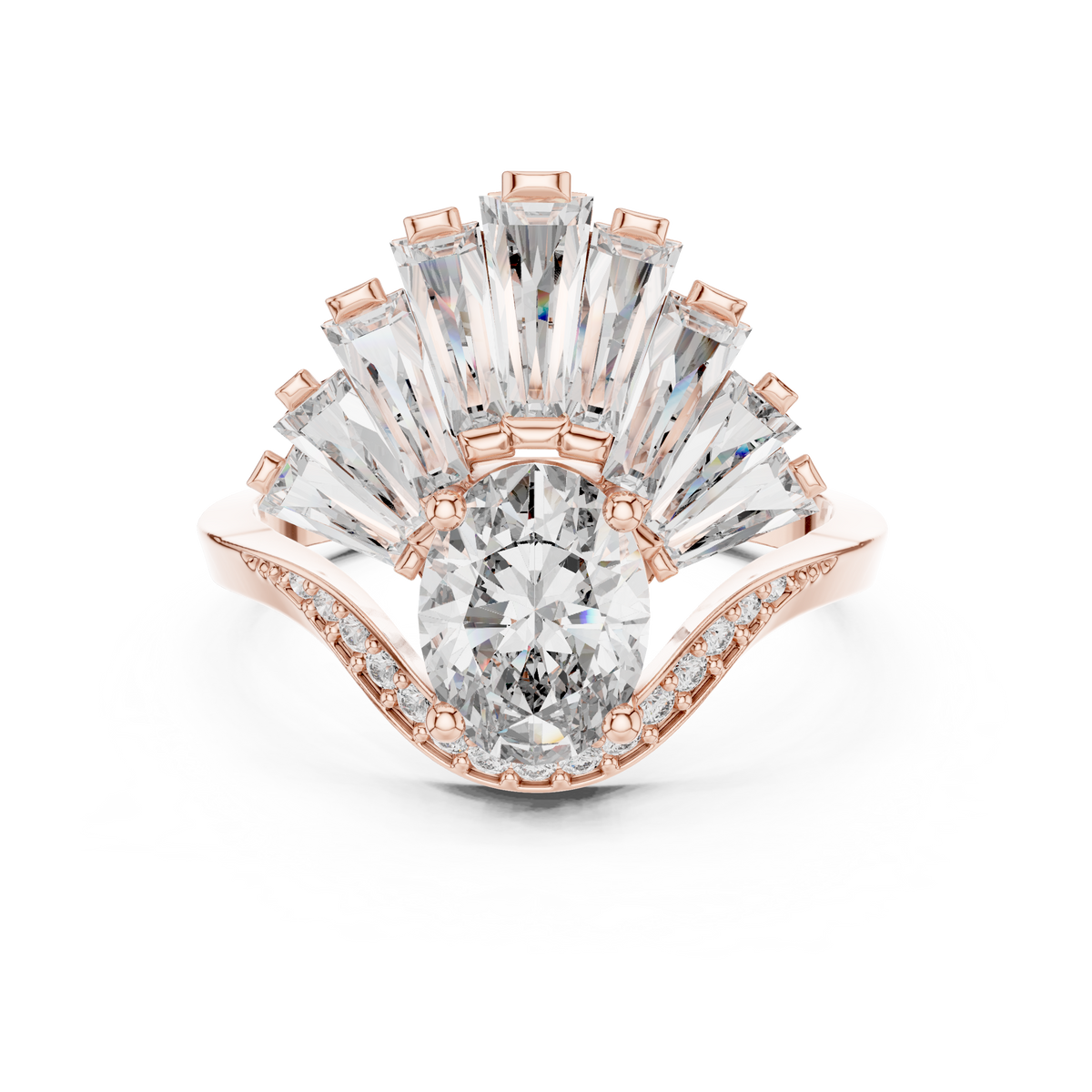 Oval lab-grown diamond engagement ring in rose gold with radiant fan setting