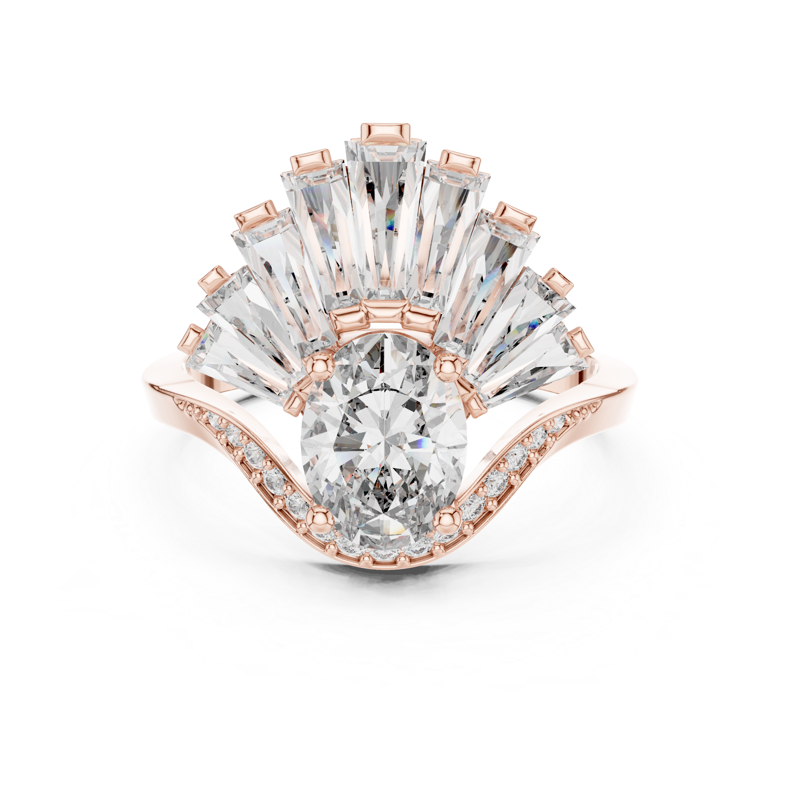 Oval lab-grown diamond engagement ring in rose gold with radiant fan setting