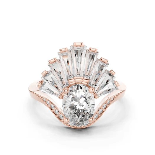 Oval lab-grown diamond engagement ring in rose gold, fan halo and pave band