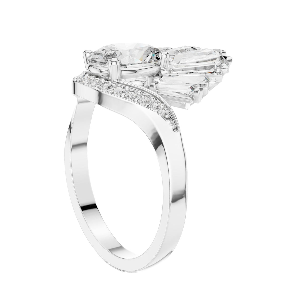 Oval lab-grown diamond engagement ring in white gold with fan-style side stones