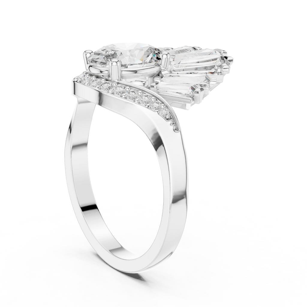 Oval lab-grown diamond engagement ring in white gold with fan-style side stones