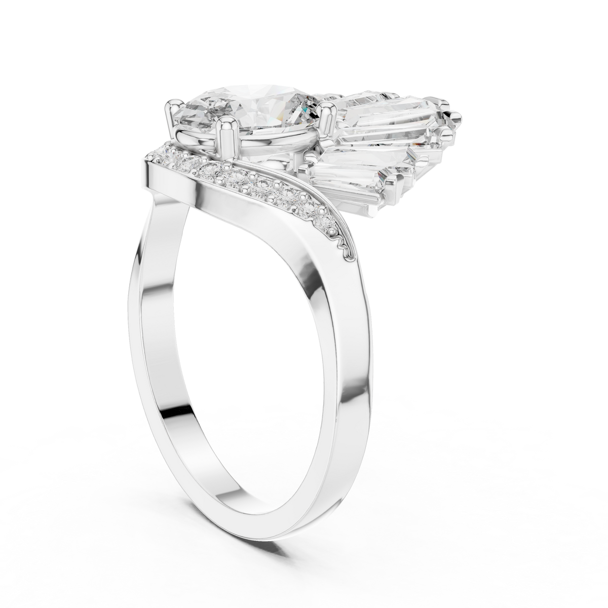 Oval lab-grown diamond engagement ring in white gold with fan-style side stones