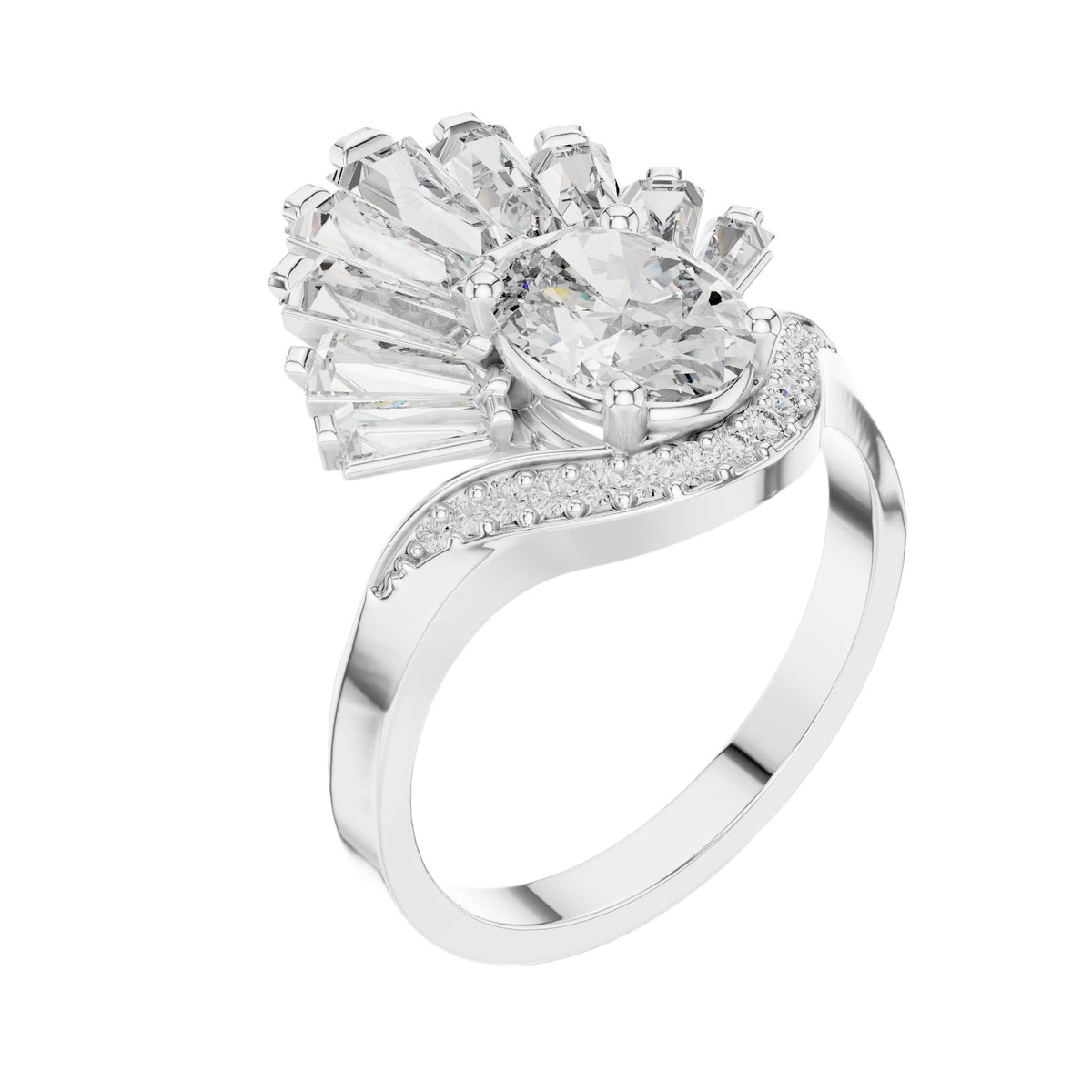 Oval lab-grown diamond engagement ring in white gold with curved pavé band