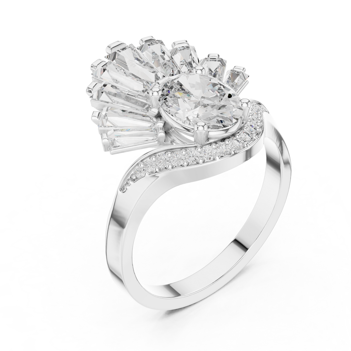 Oval lab-grown diamond engagement ring in white gold with curved pavé band