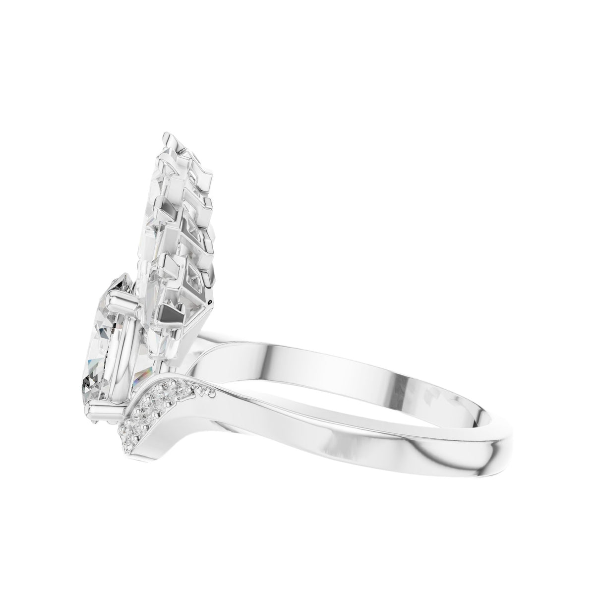 Oval lab-grown diamond engagement ring in white gold, side view of fan setting