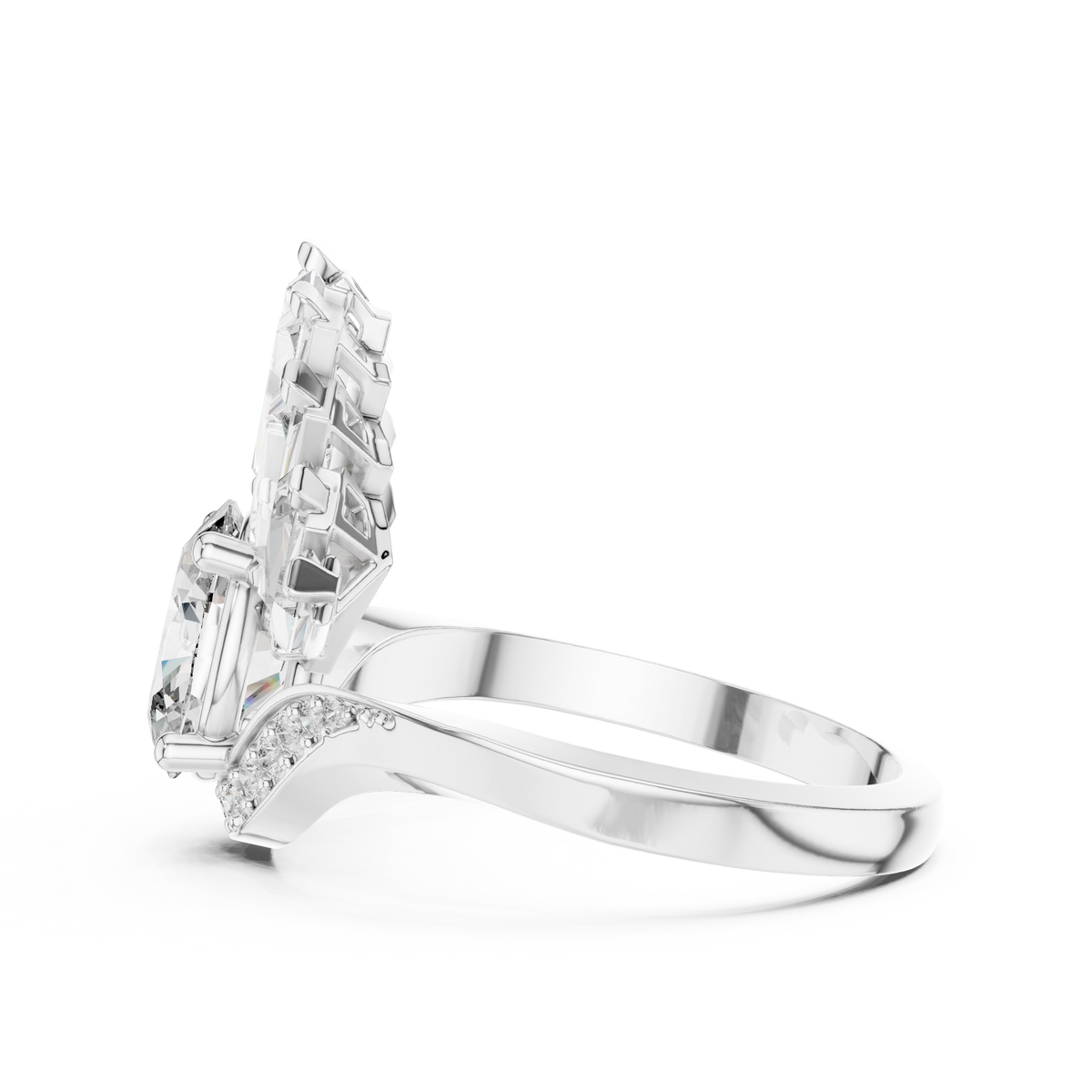 Oval lab-grown diamond engagement ring in white gold, side view of fan setting