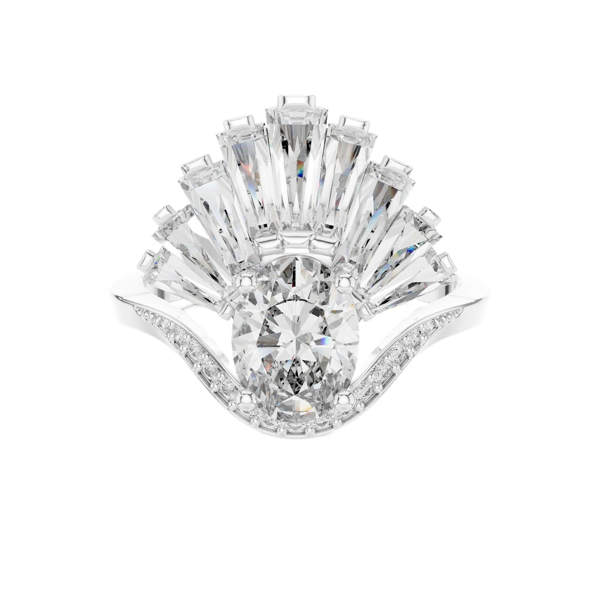 Oval lab-grown diamond engagement ring in white gold with radiant fan halo