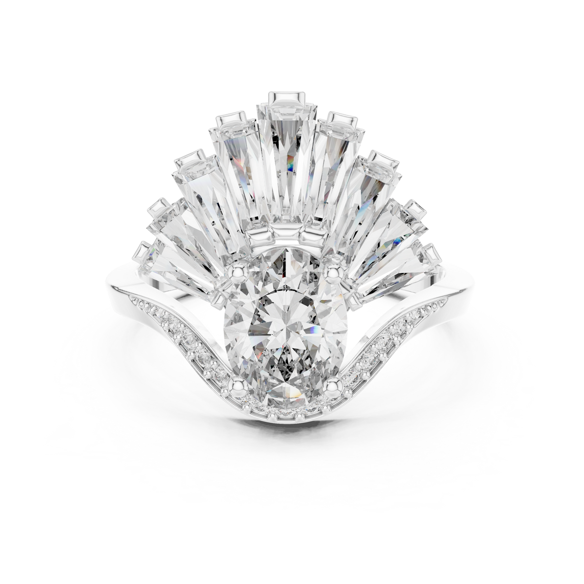Oval lab-grown diamond engagement ring in white gold with radiant fan halo