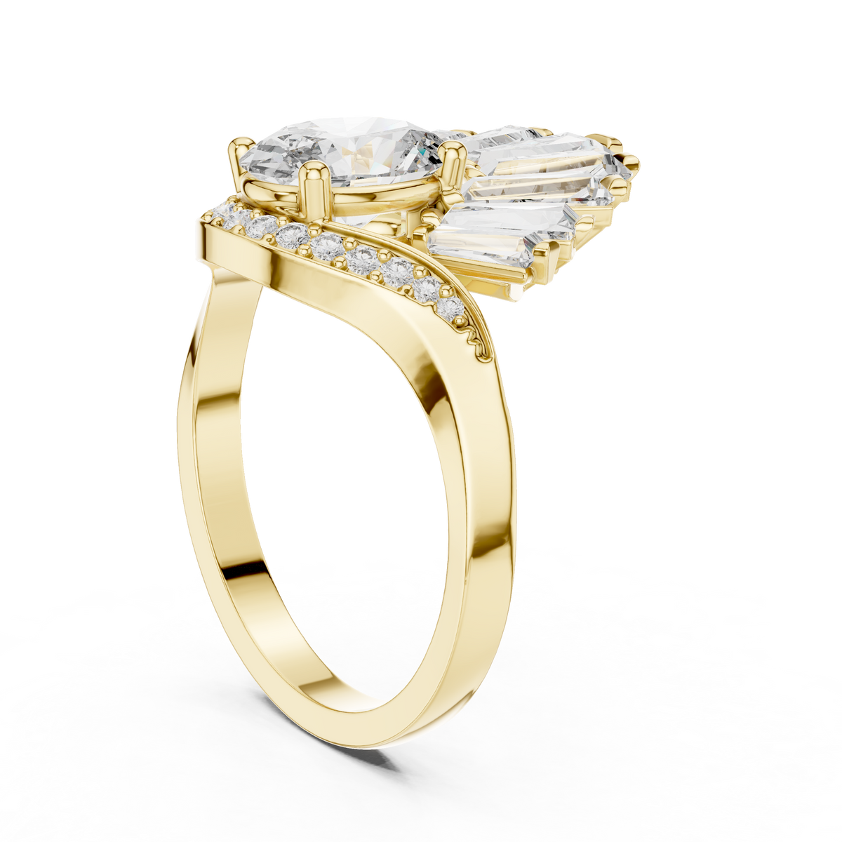 Oval lab-grown diamond engagement ring in yellow gold with fan-style side stones