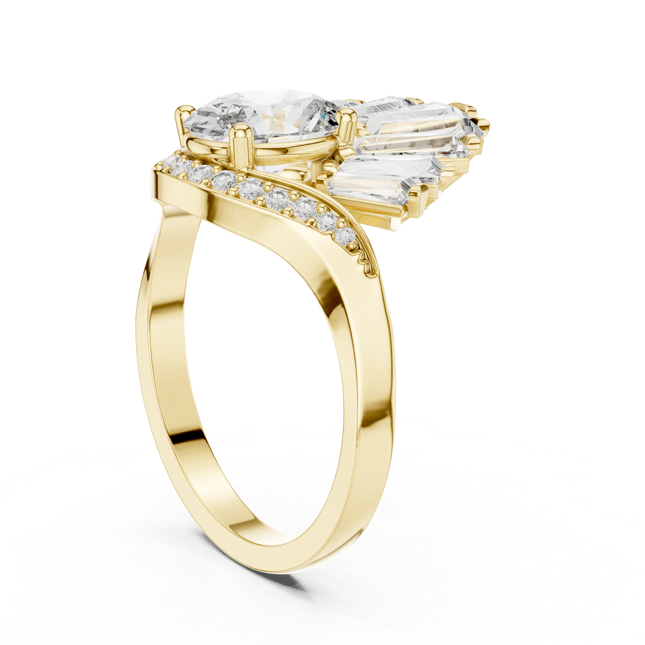 Oval lab-grown diamond engagement ring in yellow gold with fan-style side stones