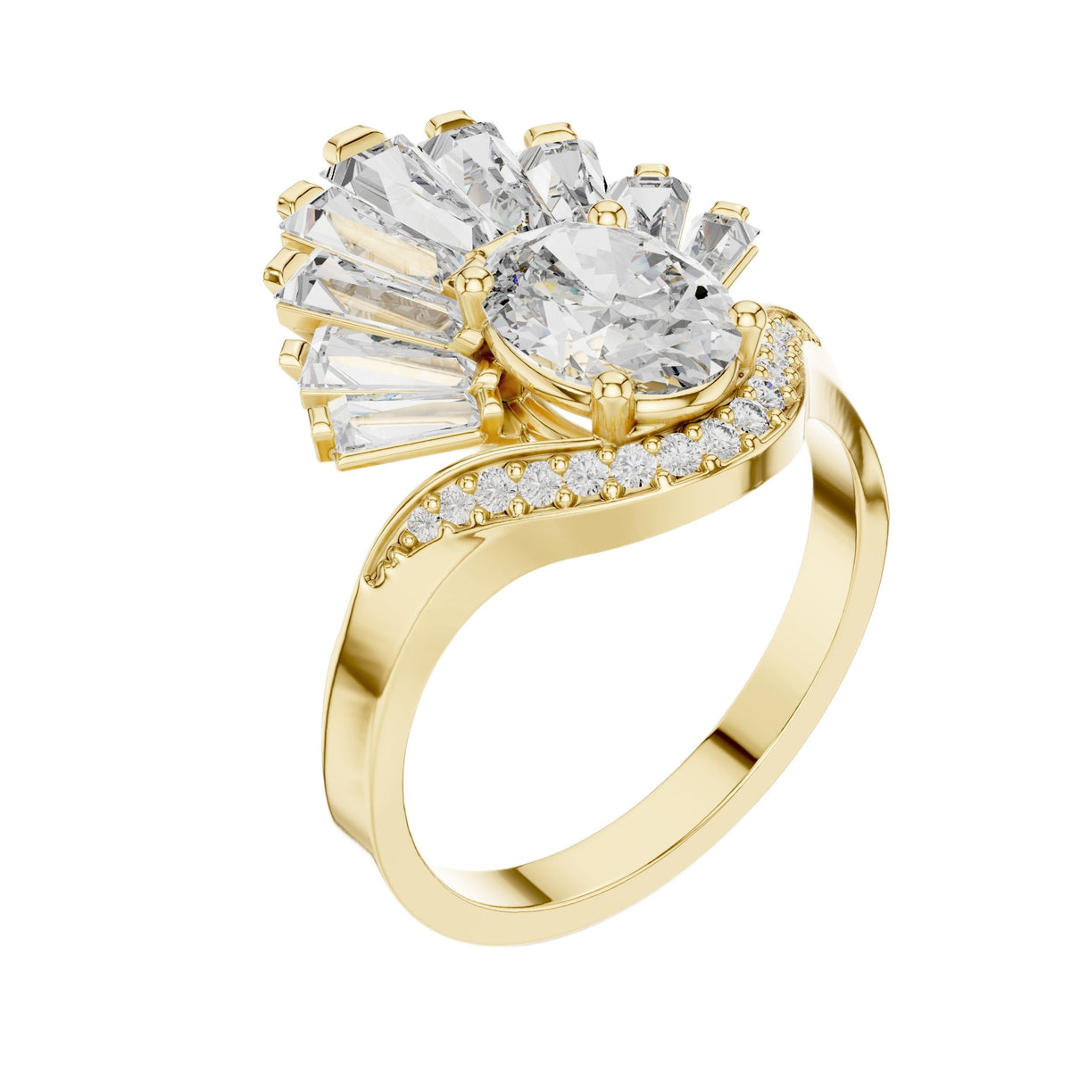 Oval lab-grown diamond engagement ring in yellow gold with curved pavé band