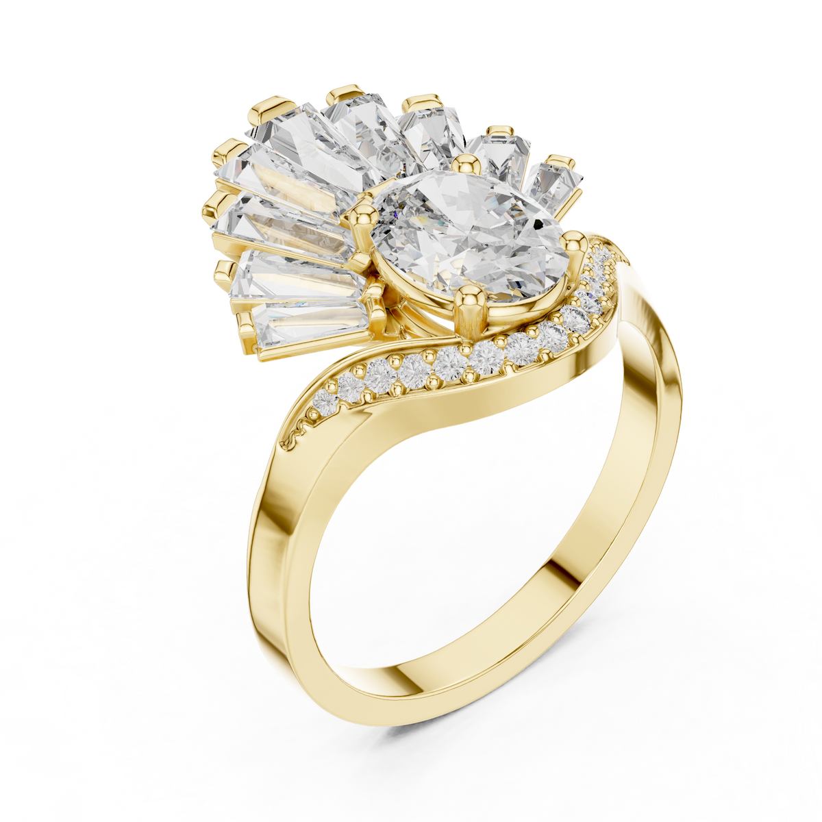 Oval lab-grown diamond engagement ring in yellow gold with curved pavé band