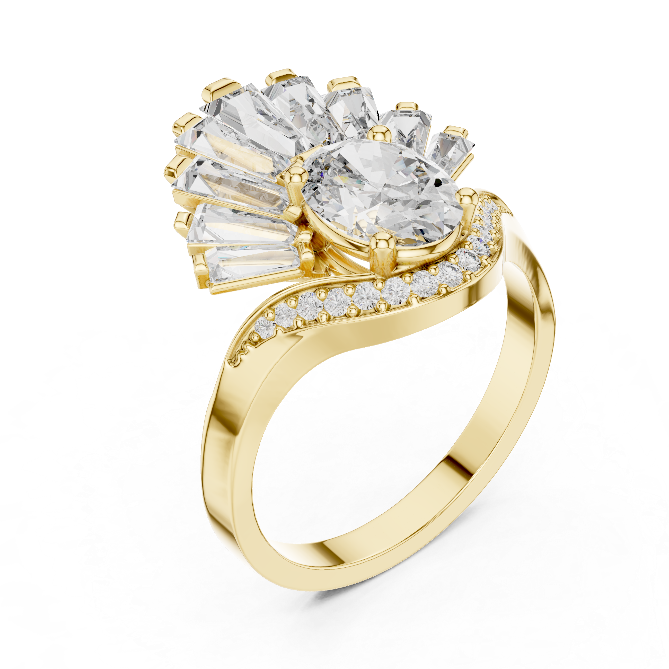 Oval lab-grown diamond engagement ring in yellow gold with curved pavé band