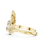 Yellow gold engagement ring with large center diamond and fan-style halo