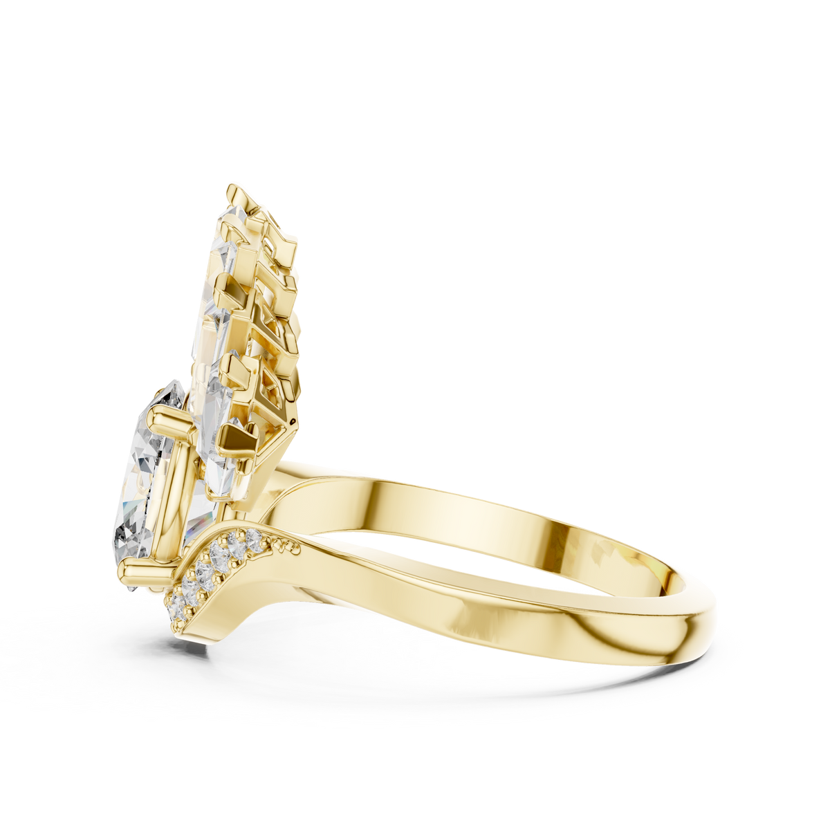 Yellow gold engagement ring with large center diamond and fan-style halo