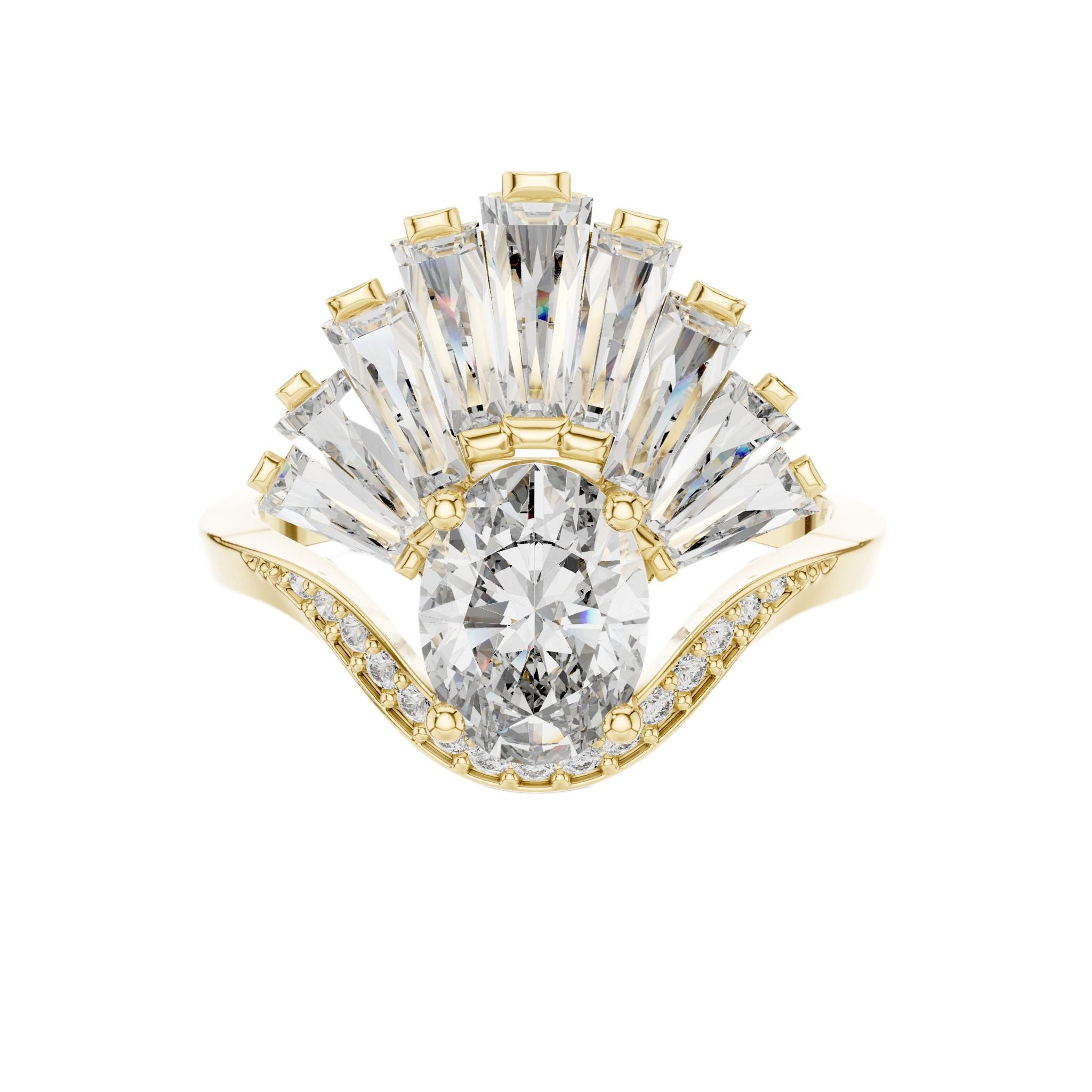 Diamond engagement ring with gold prongs, large center stone, and radiant halo