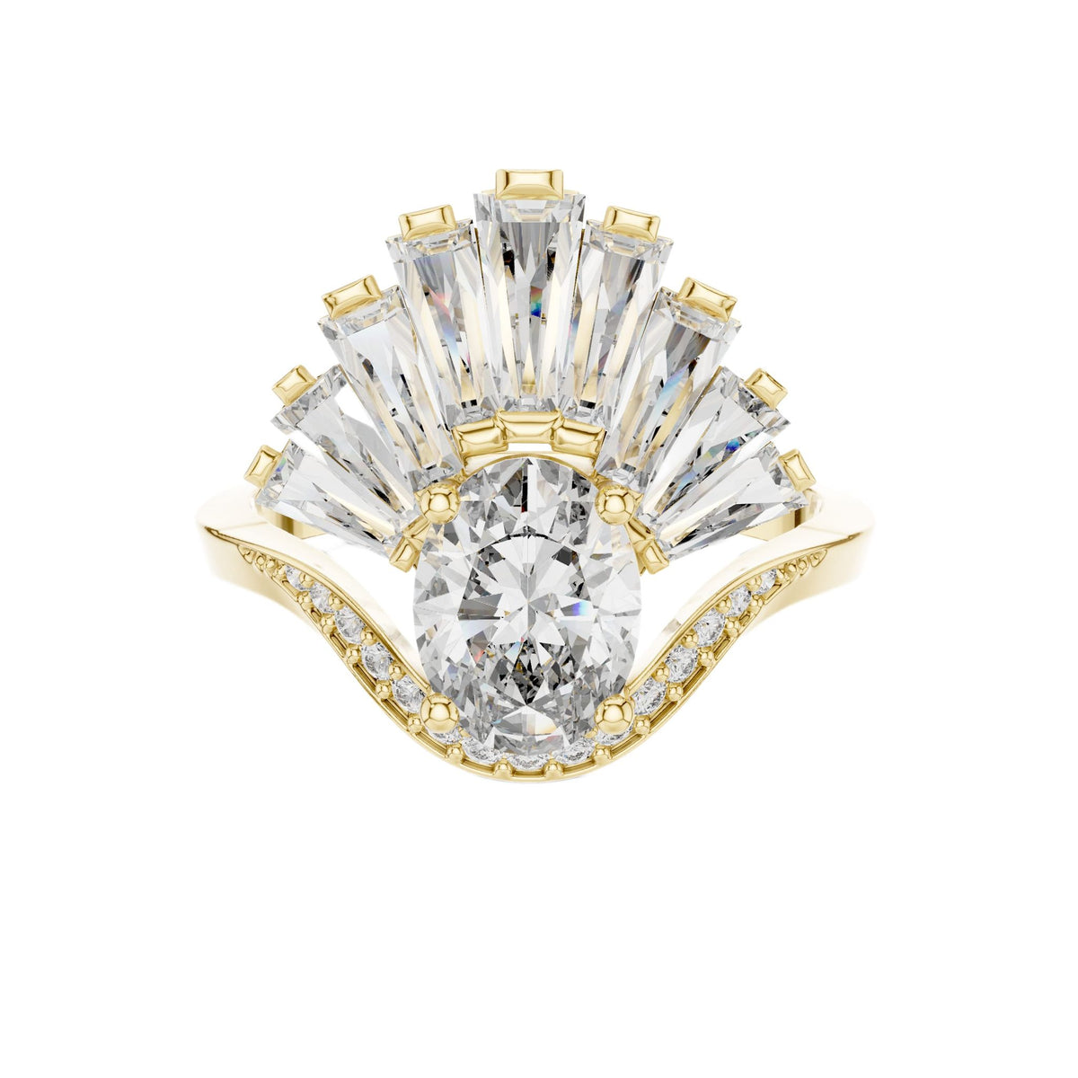Diamond engagement ring with gold prongs, large center stone, and radiant halo