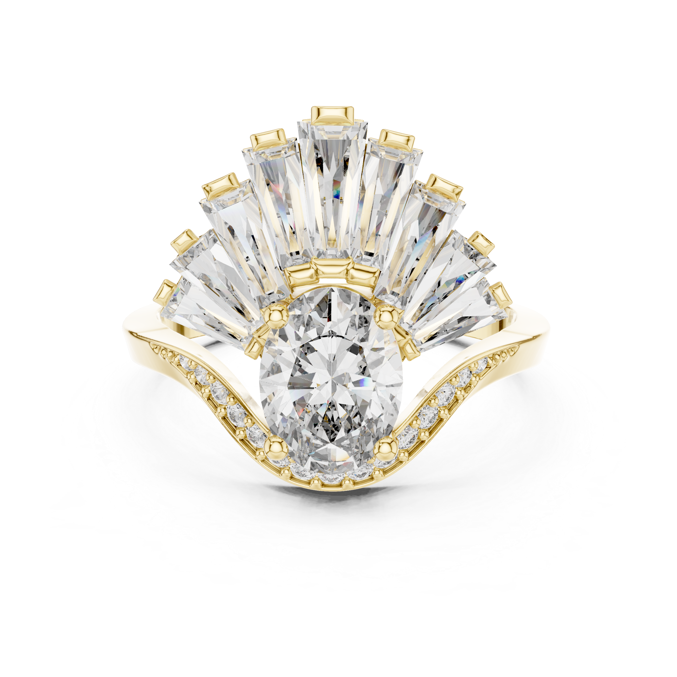 Diamond engagement ring with gold prongs, large center stone, and radiant halo