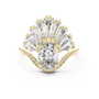 Diamond engagement ring with gold prongs, large center stone, and radiant halo