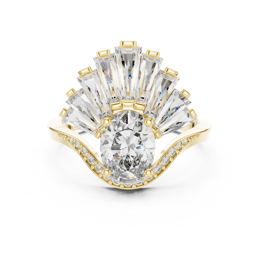 Diamond engagement ring with gold prongs, large center stone, and radiant halo