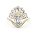 Diamond engagement ring with gold prongs, large center stone, and radiant halo
