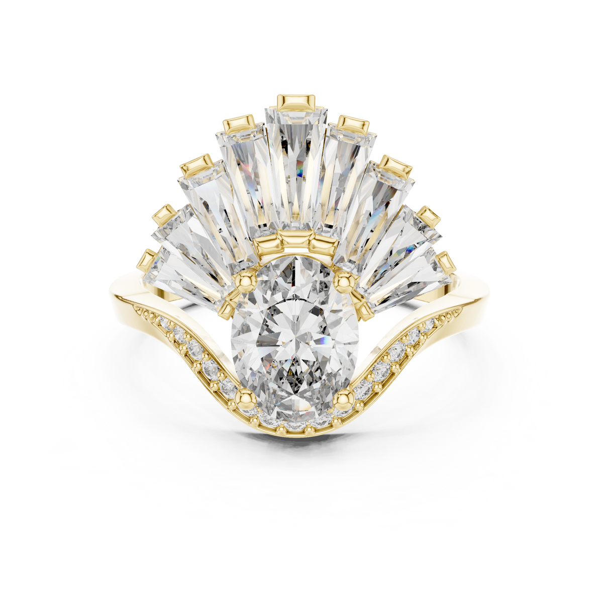 Diamond engagement ring with gold prongs, large center stone, and radiant halo