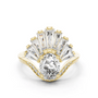 Oval lab-grown diamond engagement ring in yellow gold, fan halo and pave band