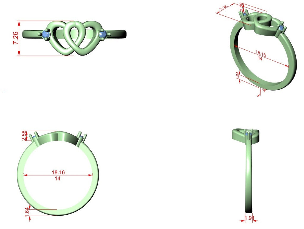 Heart-motif diamond promise ring shown with size and angle measurement diagram