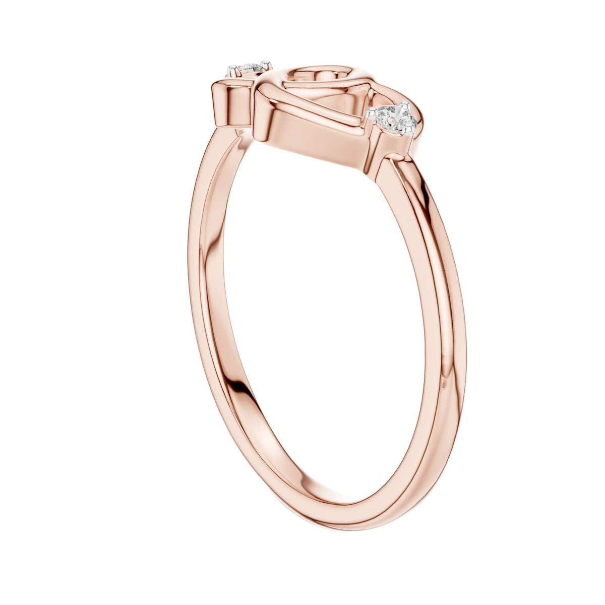Rose gold diamond promise ring with round side stones and heart-shaped motif