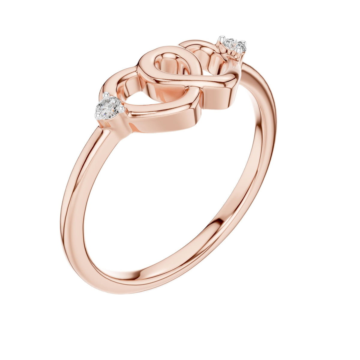 Rose gold diamond promise ring with entwined heart design and round accent stones