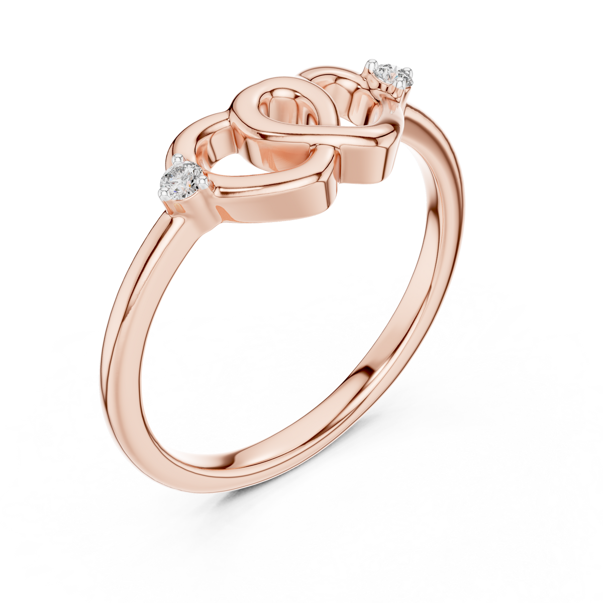 Rose gold diamond promise ring with entwined heart design and round accent stones