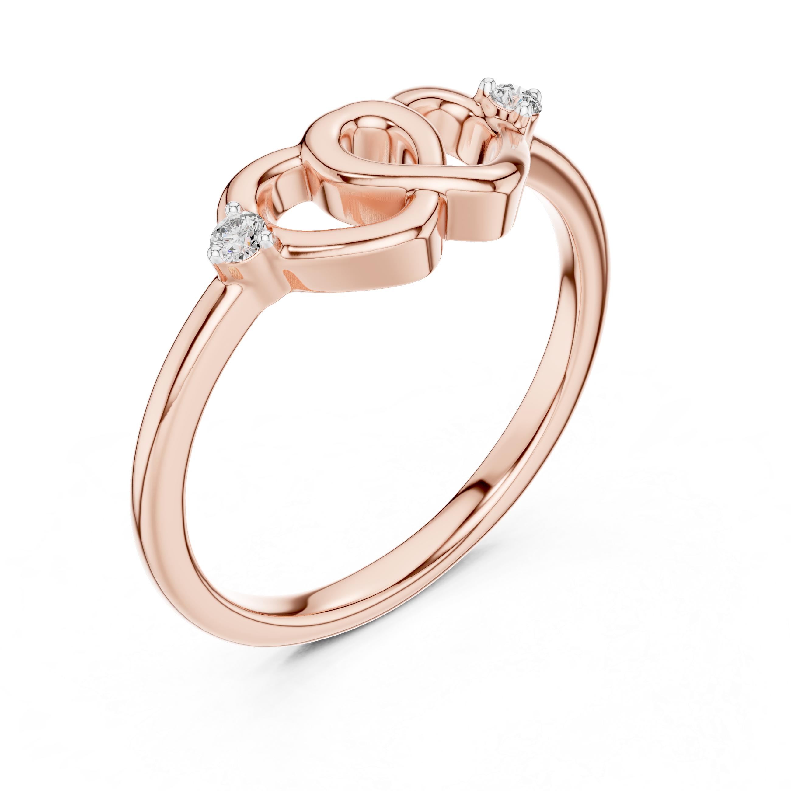 Rose gold diamond promise ring with entwined heart design and round accent stones