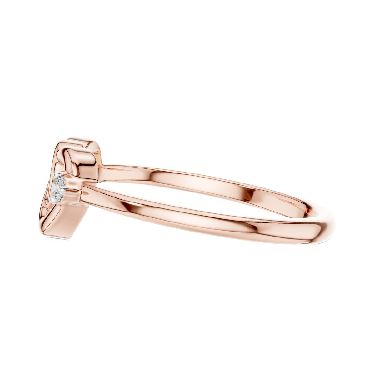 Rose gold diamond promise ring in profile with oval/heart motif and round stones