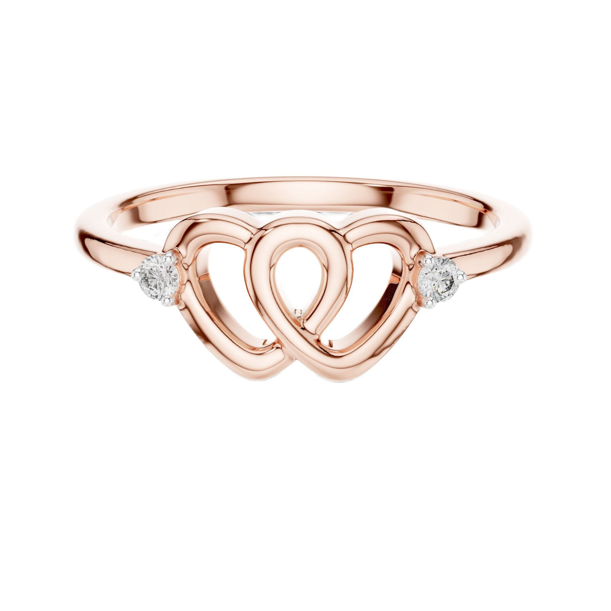 Rose gold diamond promise ring top view with heart pattern and round bezel-set stones